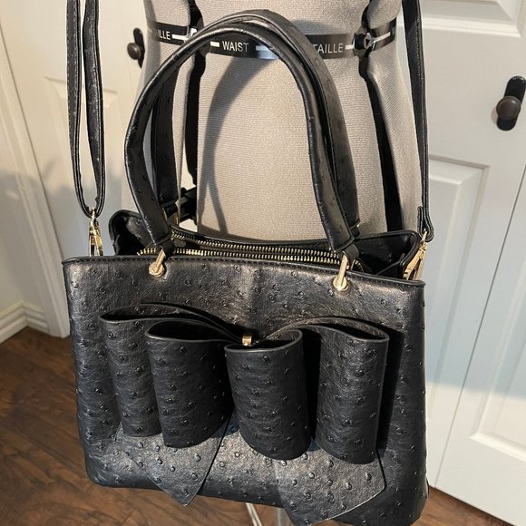 Black Vegan Ostritch Leather Purse with Bow - Picture 4 of 5
